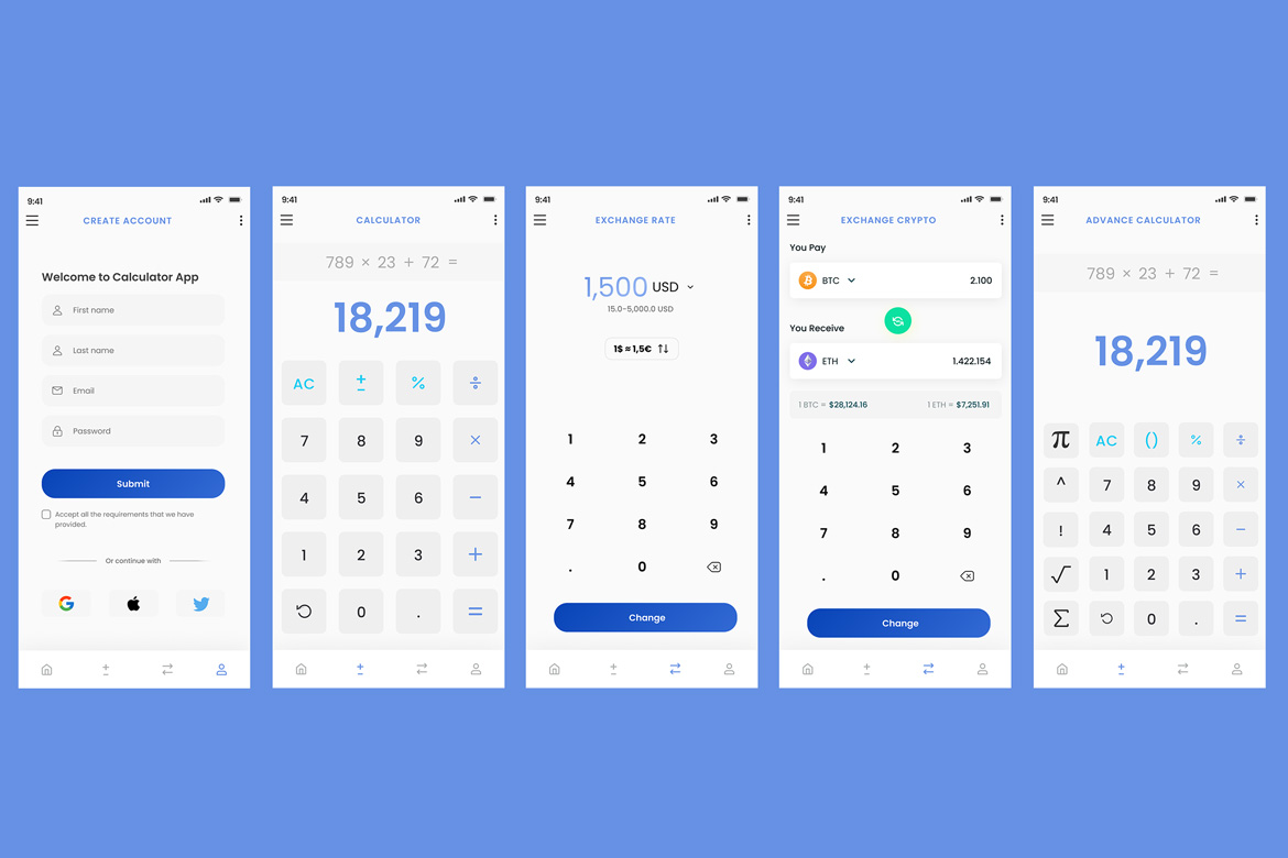 Advance Calculator & Exchange Rate & Crypto App UI
