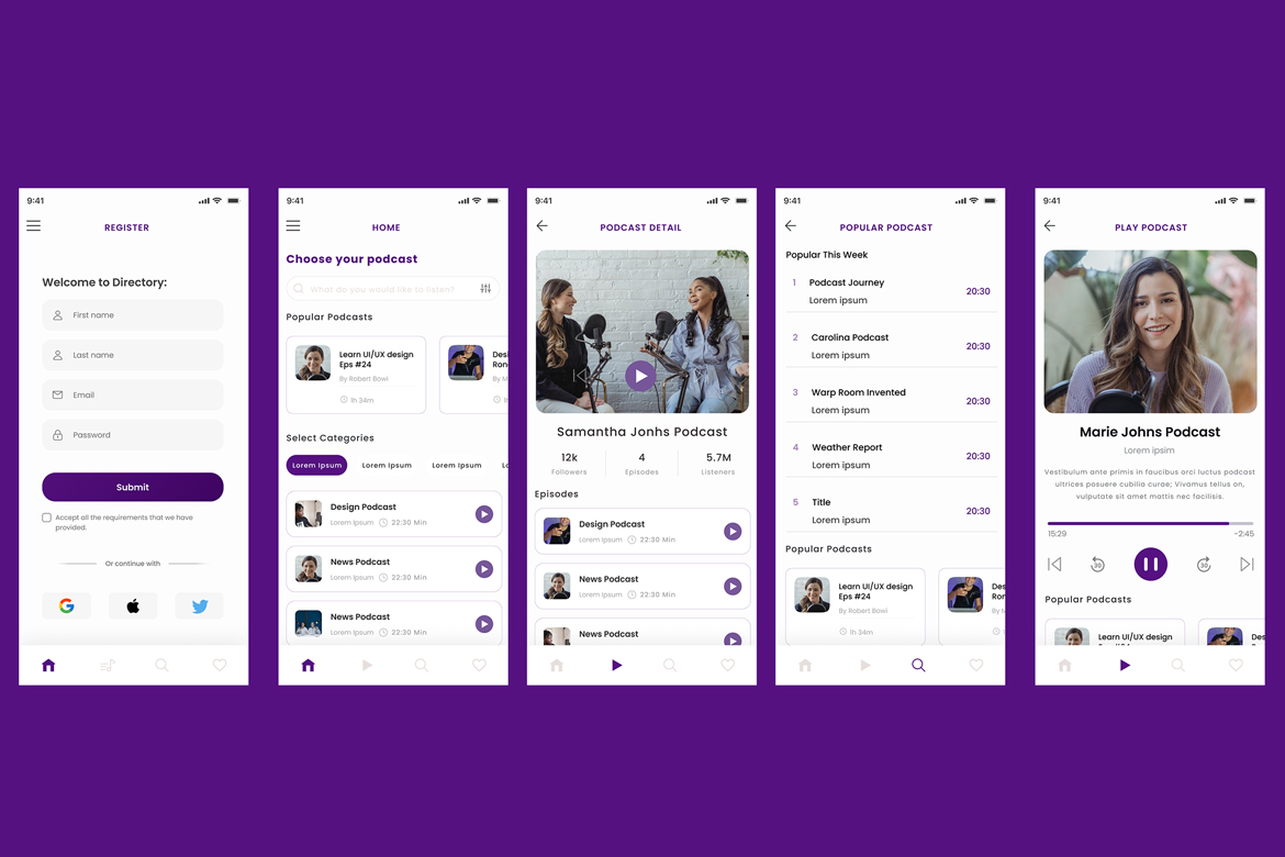 Podcast Program, Audio Talk Podcasts Player App UI