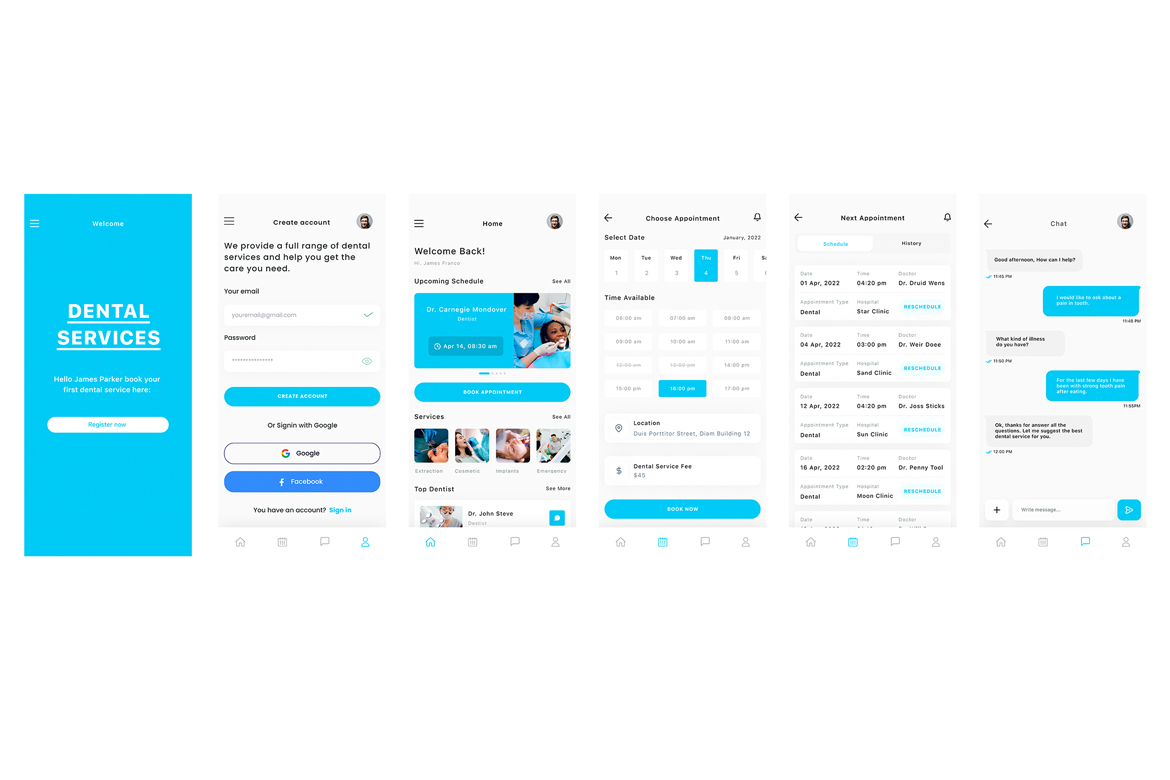 Dental surgeon, orthodontist, dental technician & dental services App Ui Kit Blue Template