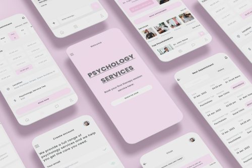Psychologist, Psychology, therapy, mental health & book session app UI kit Pink Template